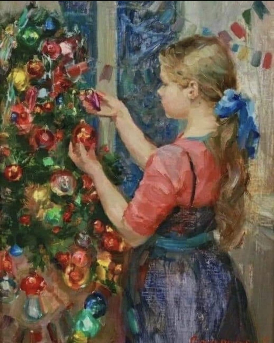 Дети и елка живопись