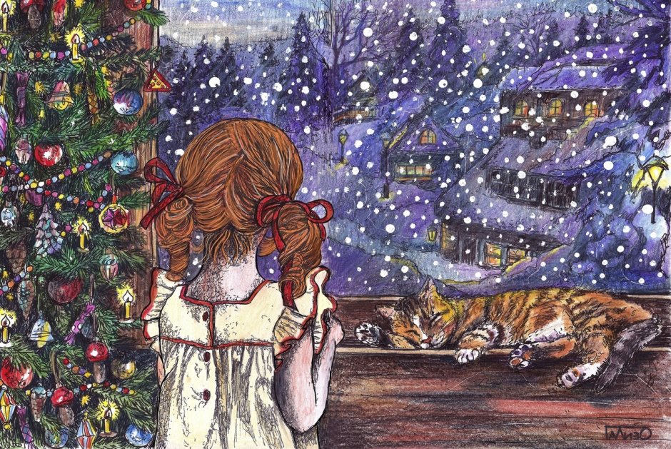 Зима девочка рыжий кот рисунок