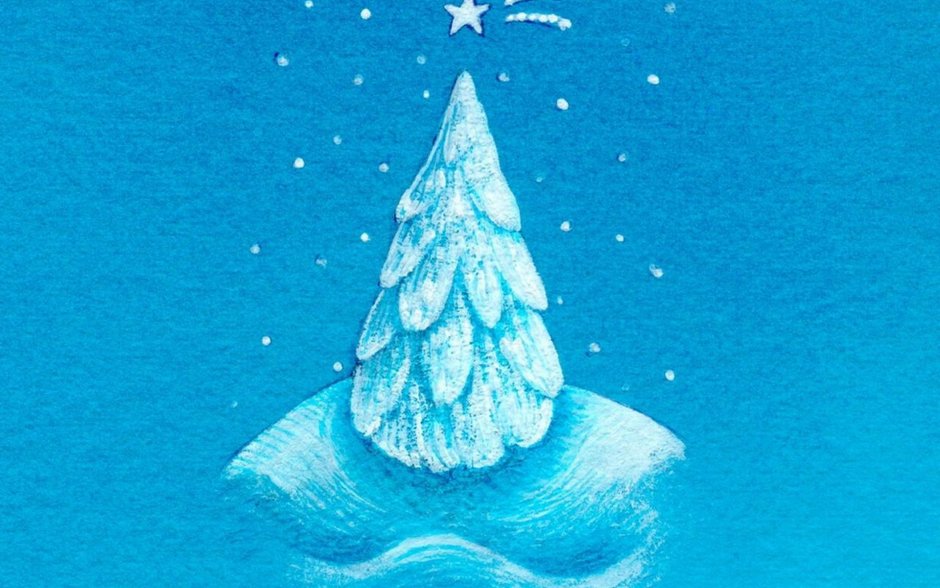 Рисование елочка на синем фоне