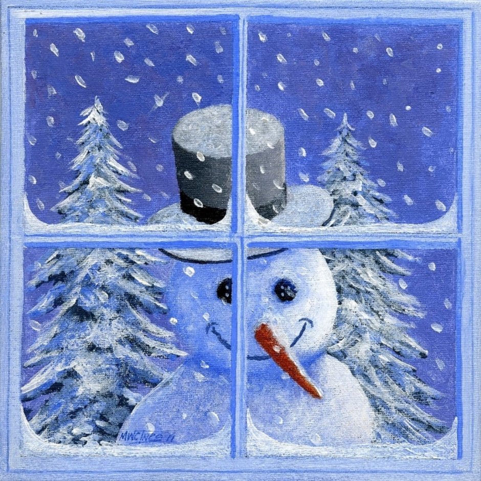 Снеговик заглядывает в окно