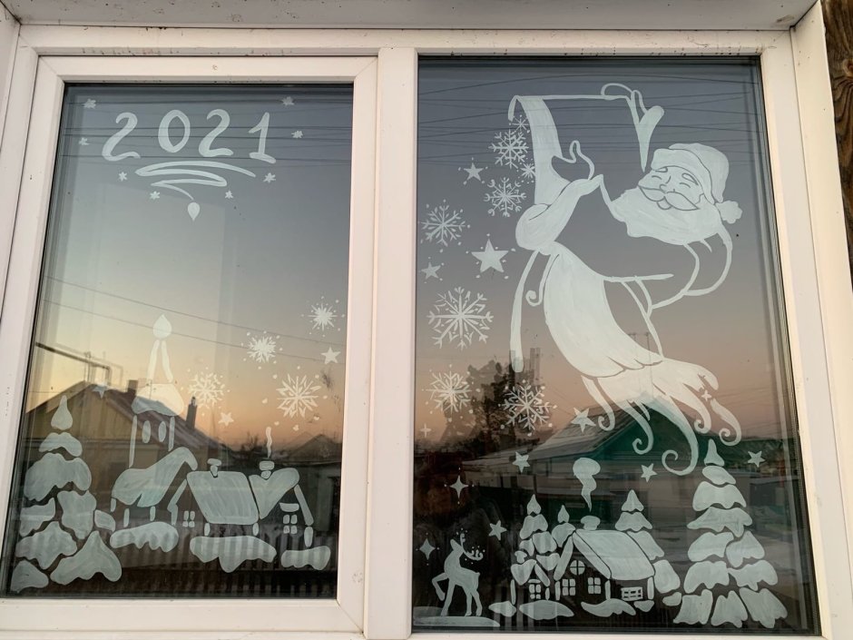 Новогодняя сказка на окне красками