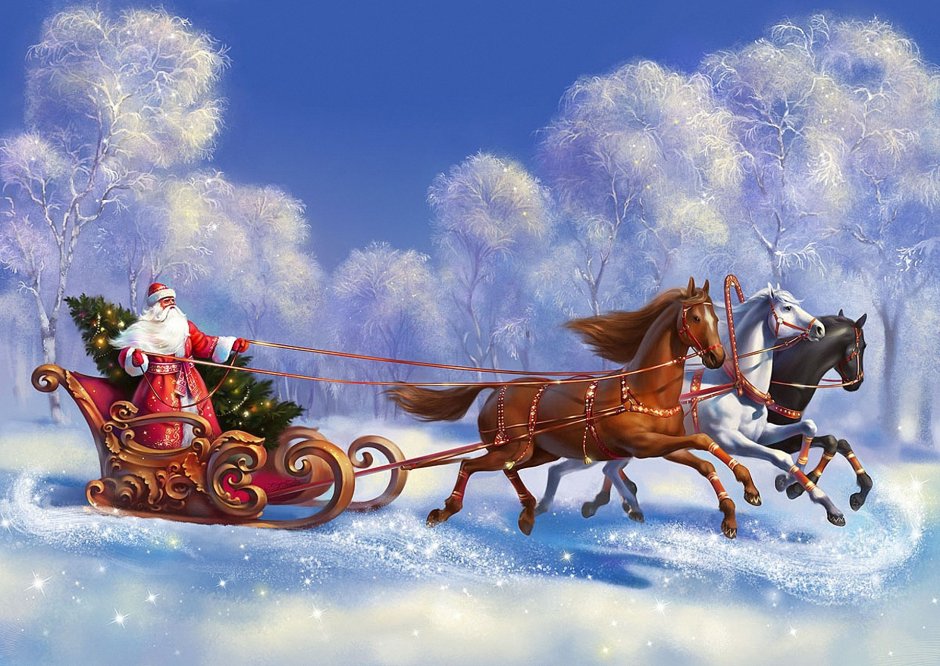 Сани Деда Мороза с лошадьми