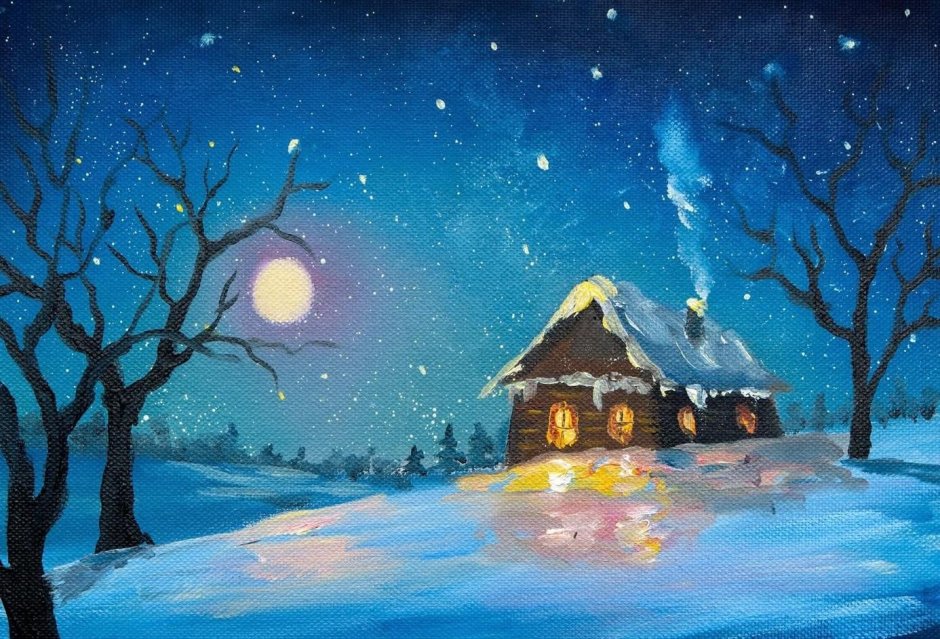 Рисование зимняя ночь