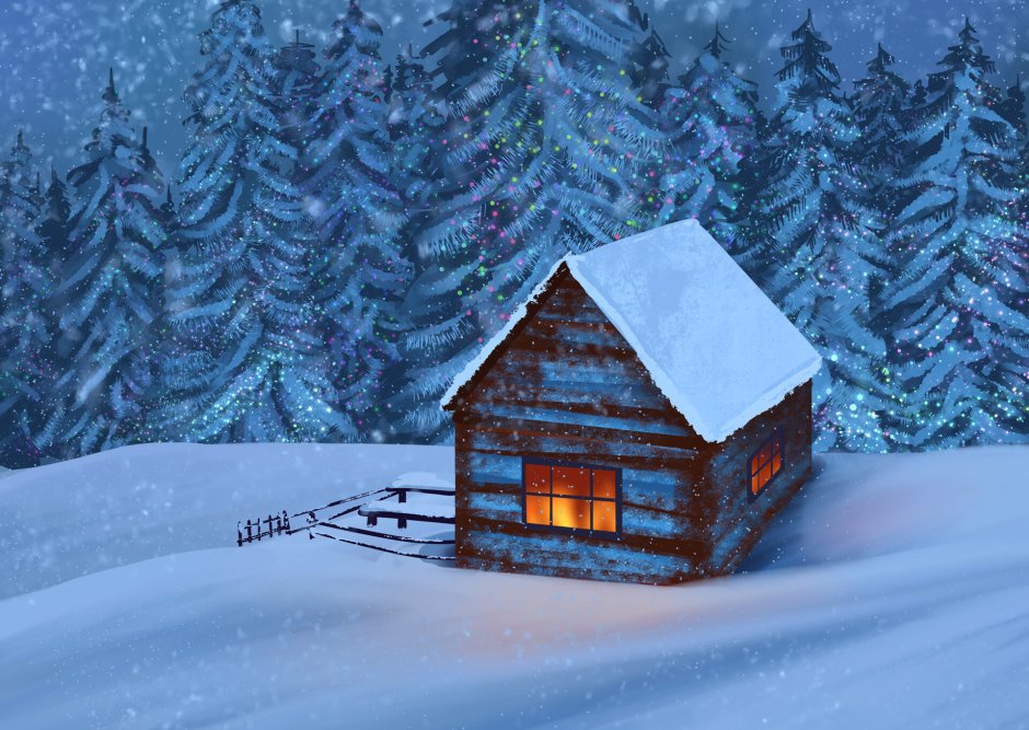 Дом в лесу зимой рисунок