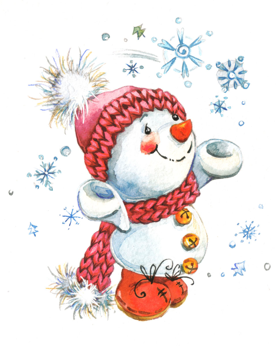 Новогодний Снеговик акварель