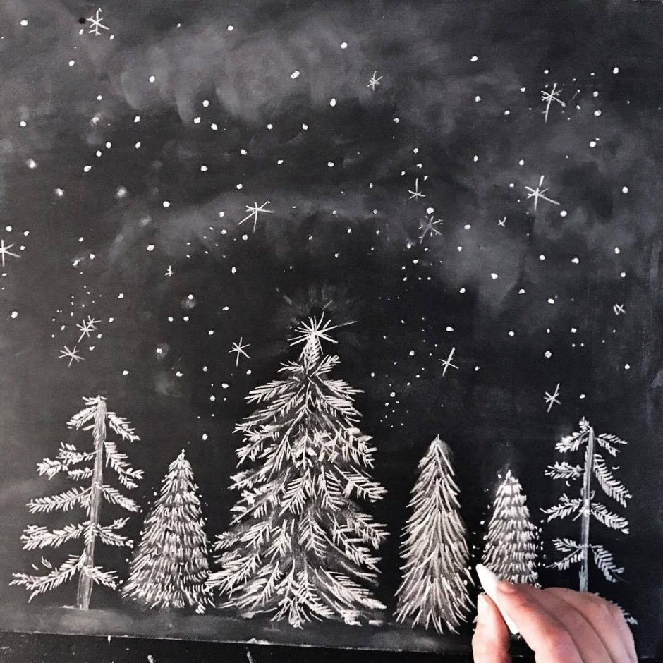 Рисование зима на черном фоне