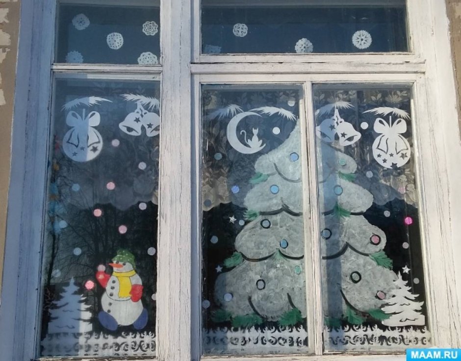 Расписные окна на новый год в детском саду