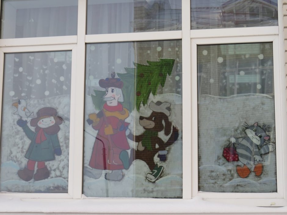 Окна в детском саду на новый год красками мульт