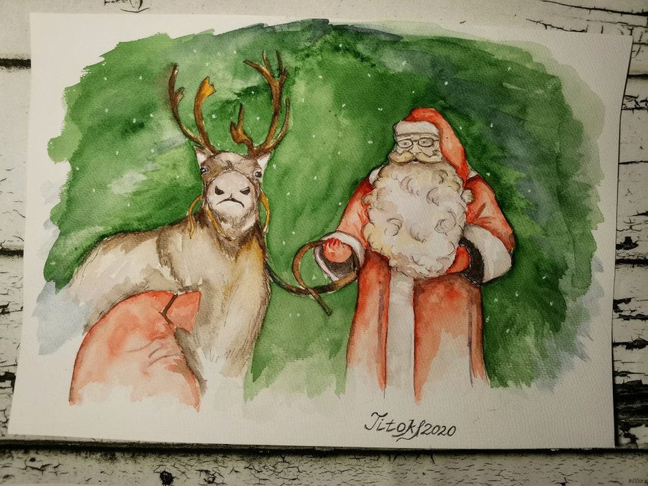 Дед Мороз рисунок акварелью