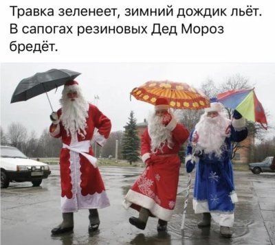 Травка зеленеет зимний дождик льет в сапогах резиновых дед Мороз идет